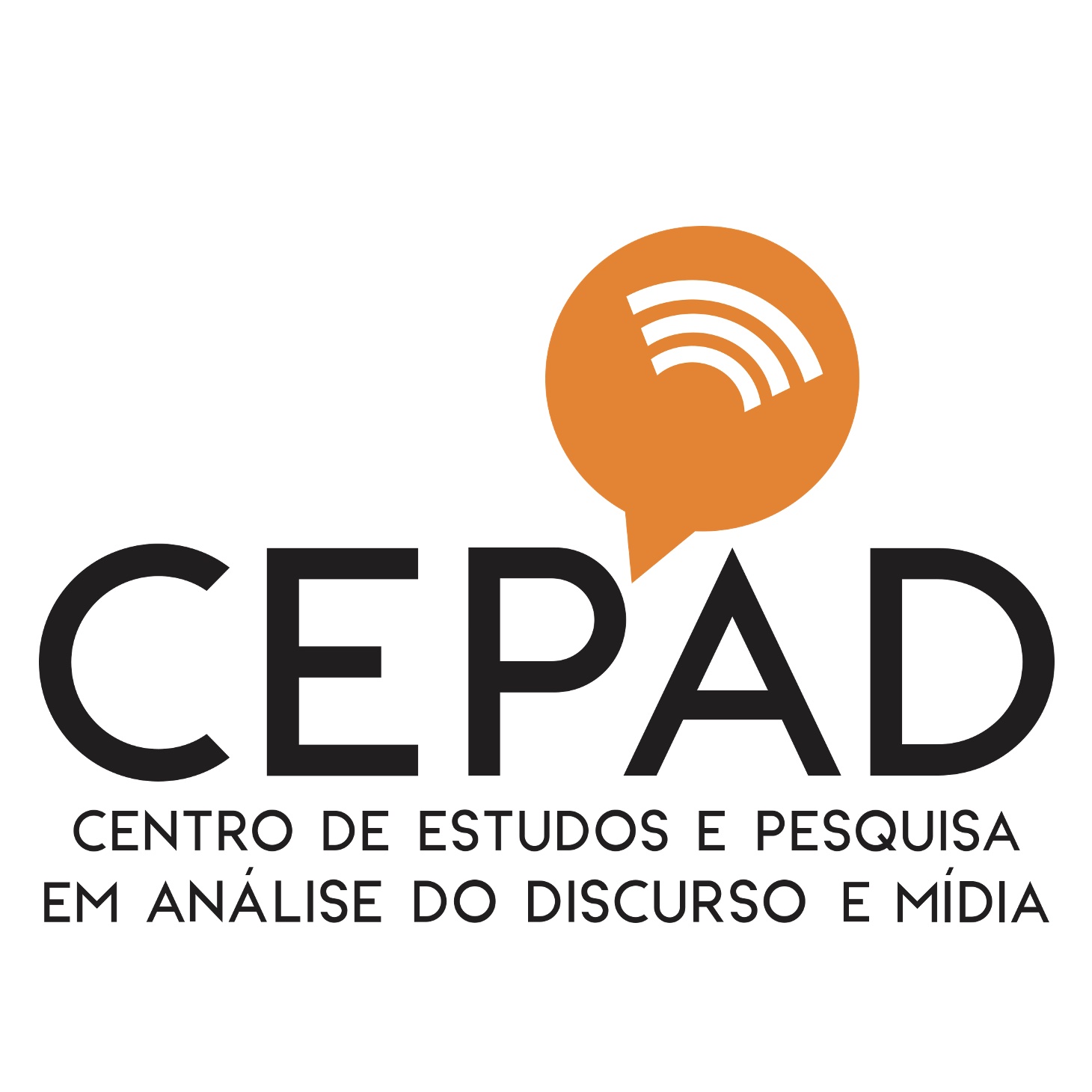 Sobre fundo branco, destaca-se a sigla CEPAD. Entre o P e o A, aparece um balão laranja, dentro do qual estão três curvas brancas em paralelo. Abaixo, lê-se o significado da sigla: Centro de Estudos e Pesquisa em Análise de Discurso e Mídia.