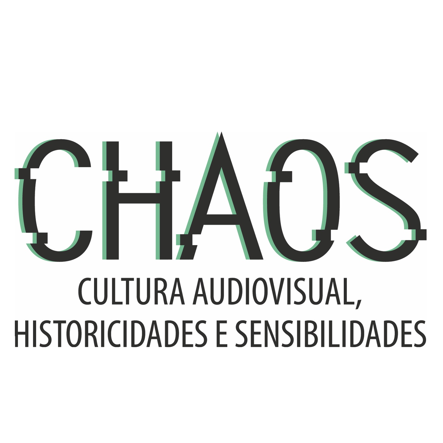 Sobre fundo branco, destaca-se a sigla CHAOS, escrita com letras que mimetizam as linhas de varredura de uma tela de televisão. Abaixo, lê-se "Cultura Audiovisual, Historicidades e Sensibilidades".